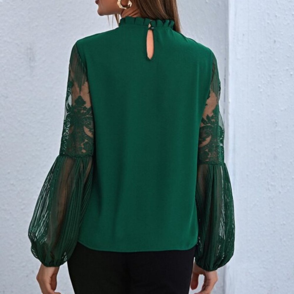 Green sheer sleeve lace long sleeve Top Classic - Picture 5 of 8